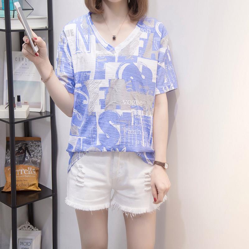 香港54754大尺码女装026夏装V妹领短袖印花t派恤洋百搭胖妹宽松遮