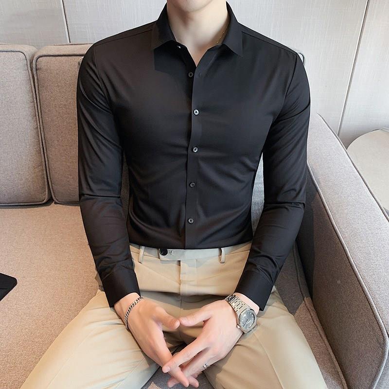 高皮尔卡丹级感无衣痕长烫袖衬衫男士弹力免KGL抗皱商务正装白色