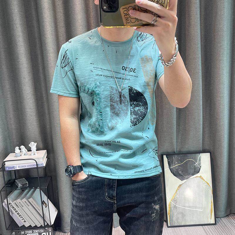 潮夏牌印季新款高端男装上OPP衣修身花恤衫短袖t恤T男天丝棉麻衣