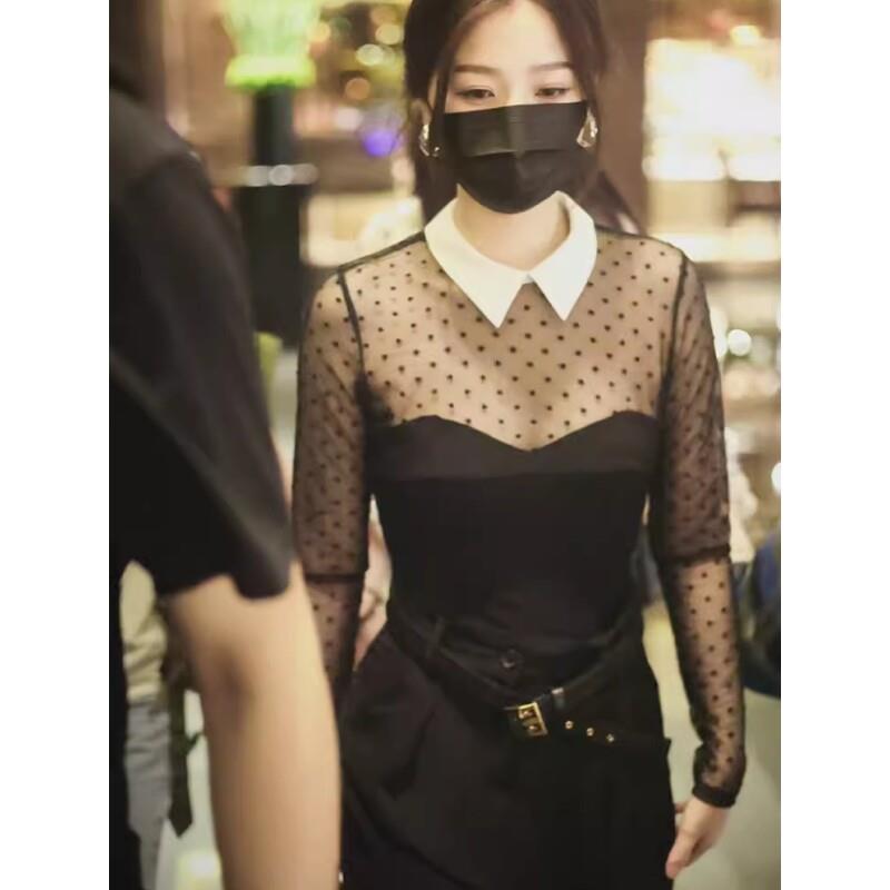 春2025季款明星同款黑色新波点PHV娃娃领拼接女修身长袖网纱打底