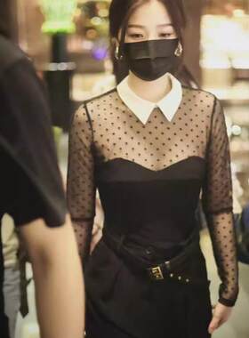 春2025季款明星同款黑色新波点PHV娃娃领拼接女修身长袖网纱打底