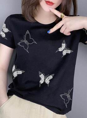 潮牌烫2026季新款休夏闲短袖T恤女装钻蝴蝶黑体恤修色身钉珠4864