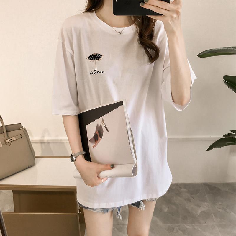 韩国20刺26夏季新款TRQ绣短袖T女纯棉宽松百搭中长款宿b恤原f风上