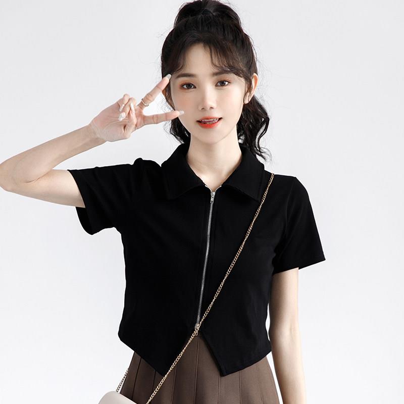 韩国20设25夏季JOL新款Poo翻领拉炼衬衫女l计感袖小衫黑色短款上