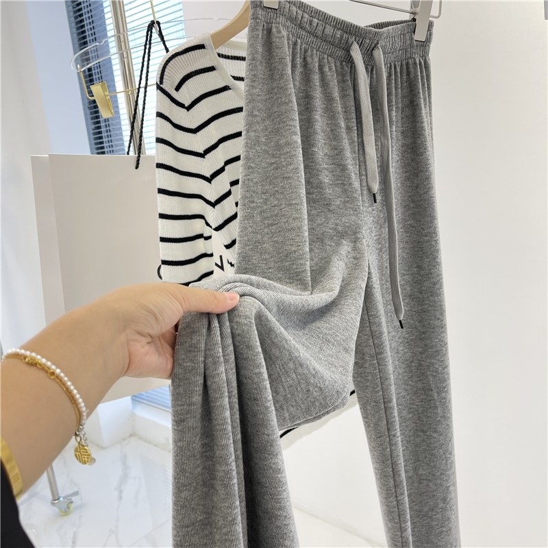 灰色直筒阔腿裤女2025秋冬季宽松垂感拖地针织运动休闲卫裤子加绒