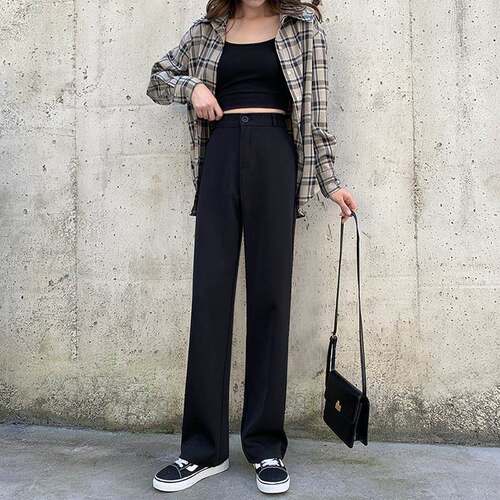 韩kh8516国高腰垂色感腿裤女阔春夏宽新款松直筒显瘦休闲小个子黑