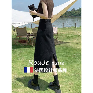 黑色开叉牛仔半身裙女秋冬中长款小个子高腰a字包臀裙
