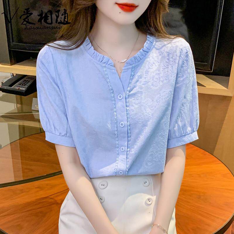香港TIMO夏季2024木耳领纯棉衬衫洋气全棉提花刺绣薄款上衣女短袖