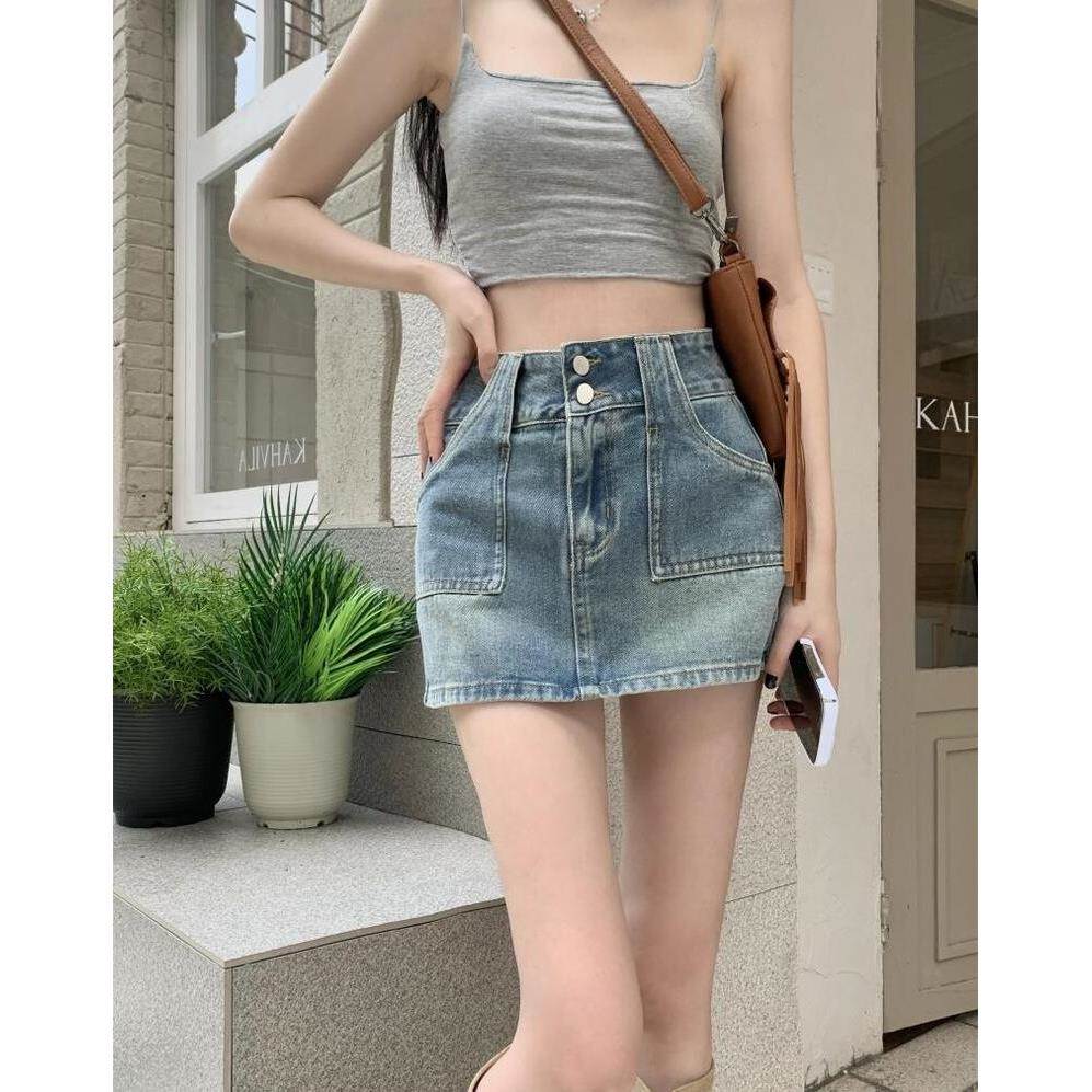 韩版妹复牛TEX仔裙半身裙裤女20感25夏季A字古半裙辣高腰包臀性短