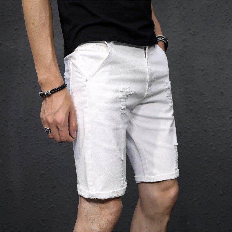 夏白牛仔短裤男202百6新款潮牌色搭破洞宽松弹力五DWZ分男士中季