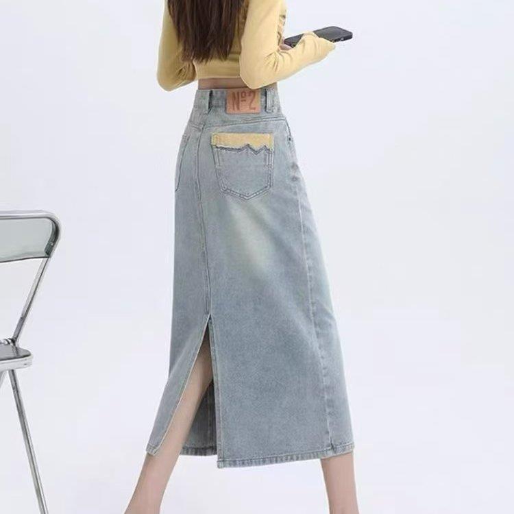 Roujetusse中开叉牛仔半 身百裙女夏季浅蓝色搭高77454198腰a字长
