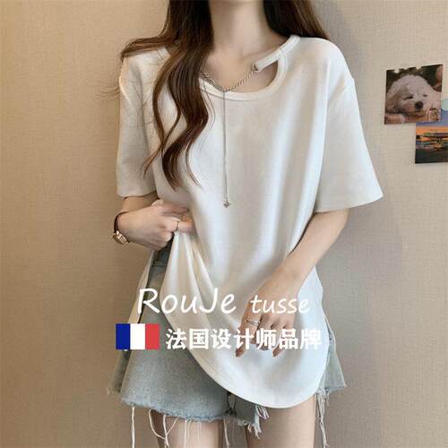 法国Rouje tusse链条小设70870042计感短众袖上衣女夏胖m韩版m宽