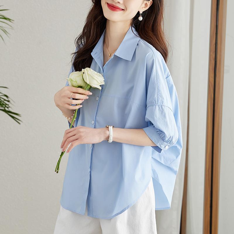 欧洲站蓝色衬衫女高级感轻奢2025新款春夏季时尚洋气宽松纯棉上衣