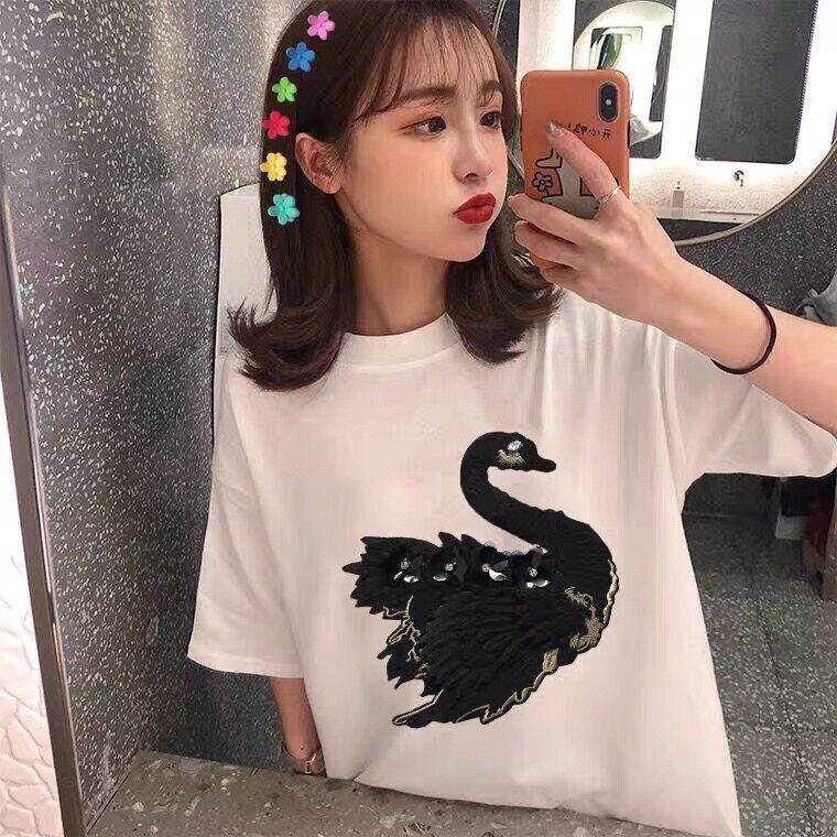 202夏季韩版宽松XFF黑色半袖T恤女5天刺绣重工鹅ins上短袖恤打底