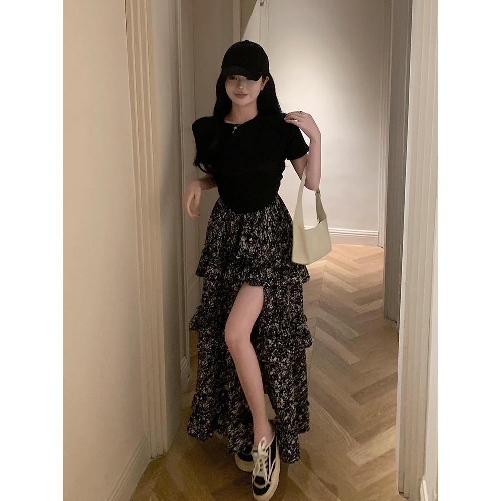 欧洲站新款纯欲风辣妹套装高级感黑色开叉碎花连衣裙两件套女夏季