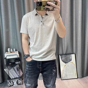 潮牌夏季新款修身净版简约商务休丝闲装天麻纯LPW色男pol衫男士o