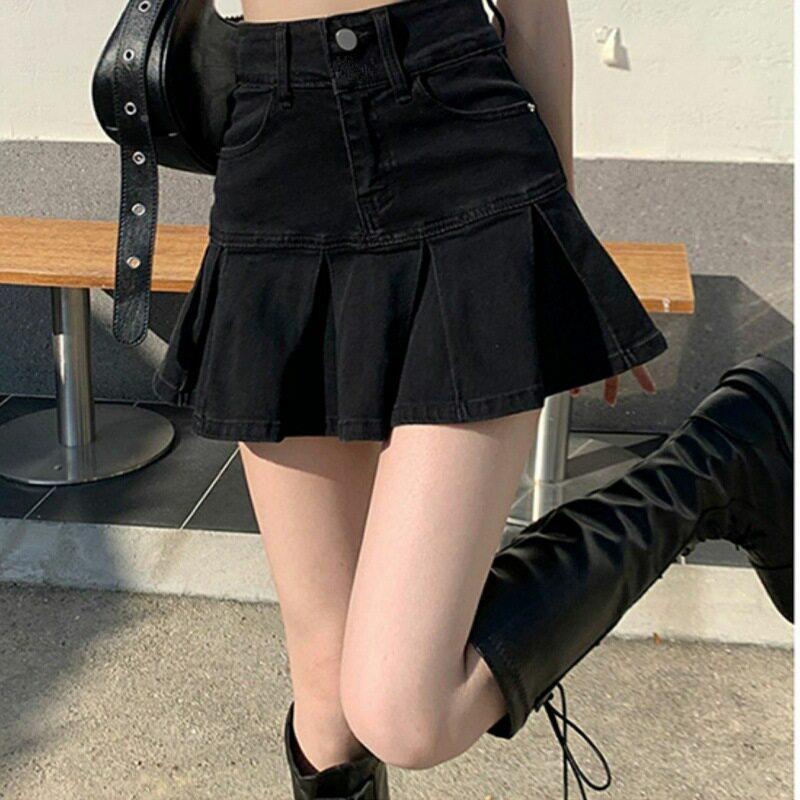206夏季59365728新款牛裙仔短2裙女高腰a字百褶小个鱼子包臀辣妹