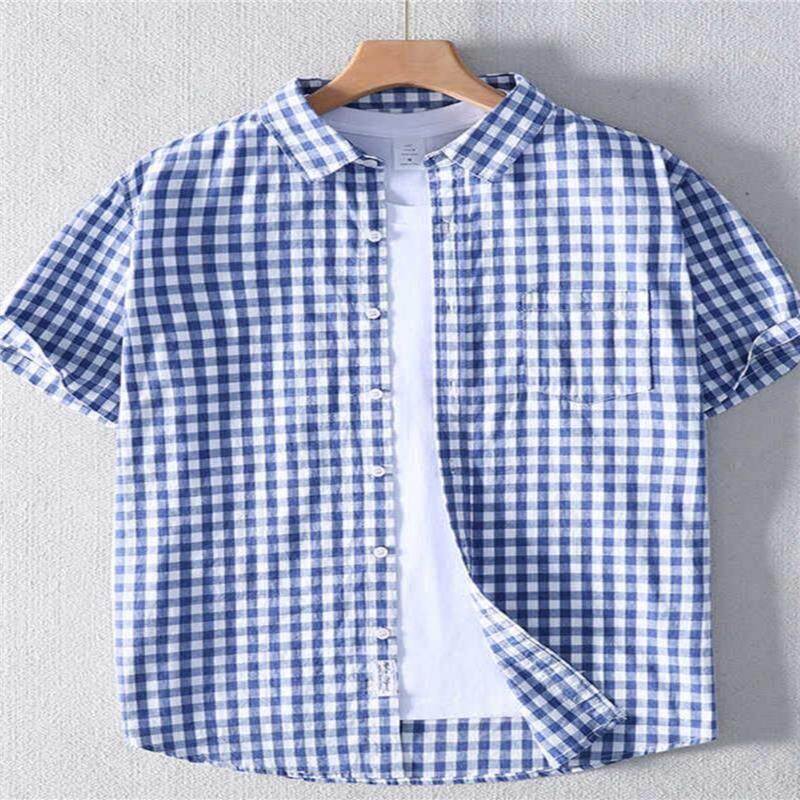 休香夏薄款格子衬季衫男短袖宽松闲纯棉港衬衫复古半袖上衣服TDQ