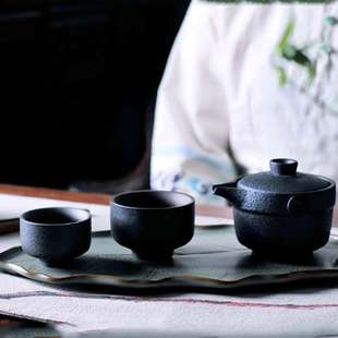 柴烧黑陶收纳快客杯一壶二杯两杯家用陶瓷户外便携旅行茶具套装