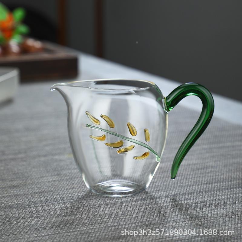 藏手作玻璃公草堂手杯绘树叶公道杯海分茶器茶盅片口*收带把茶鹰