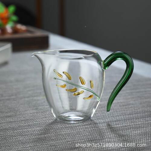 藏手作玻璃公草堂手杯绘树叶公道杯海分茶器茶盅片口*收带把茶鹰