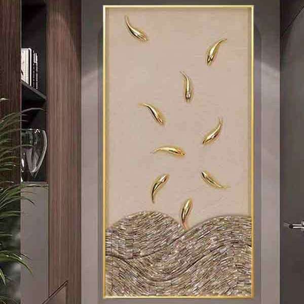 手绘九鱼图轻奢玄关装饰画寓意年年有余简约客厅立体画竖版入户走图片