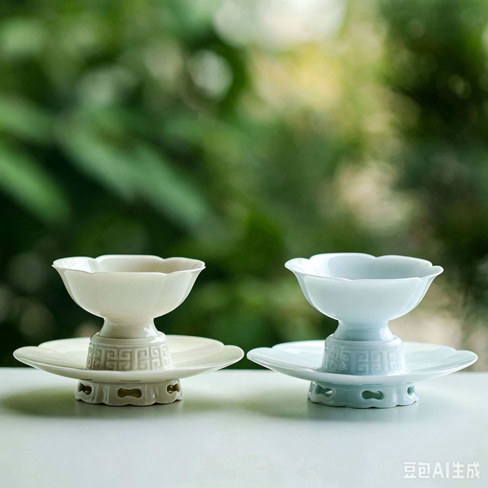 仿宋冲茶器葵花茶盏闻香杯宋风茶杯青瓷茶具高脚杯盏家用陶瓷杯子