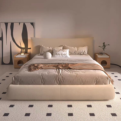 北欧大床主卧1.8米双人床磨砂布现代简约高端软包奶油卧室储物底