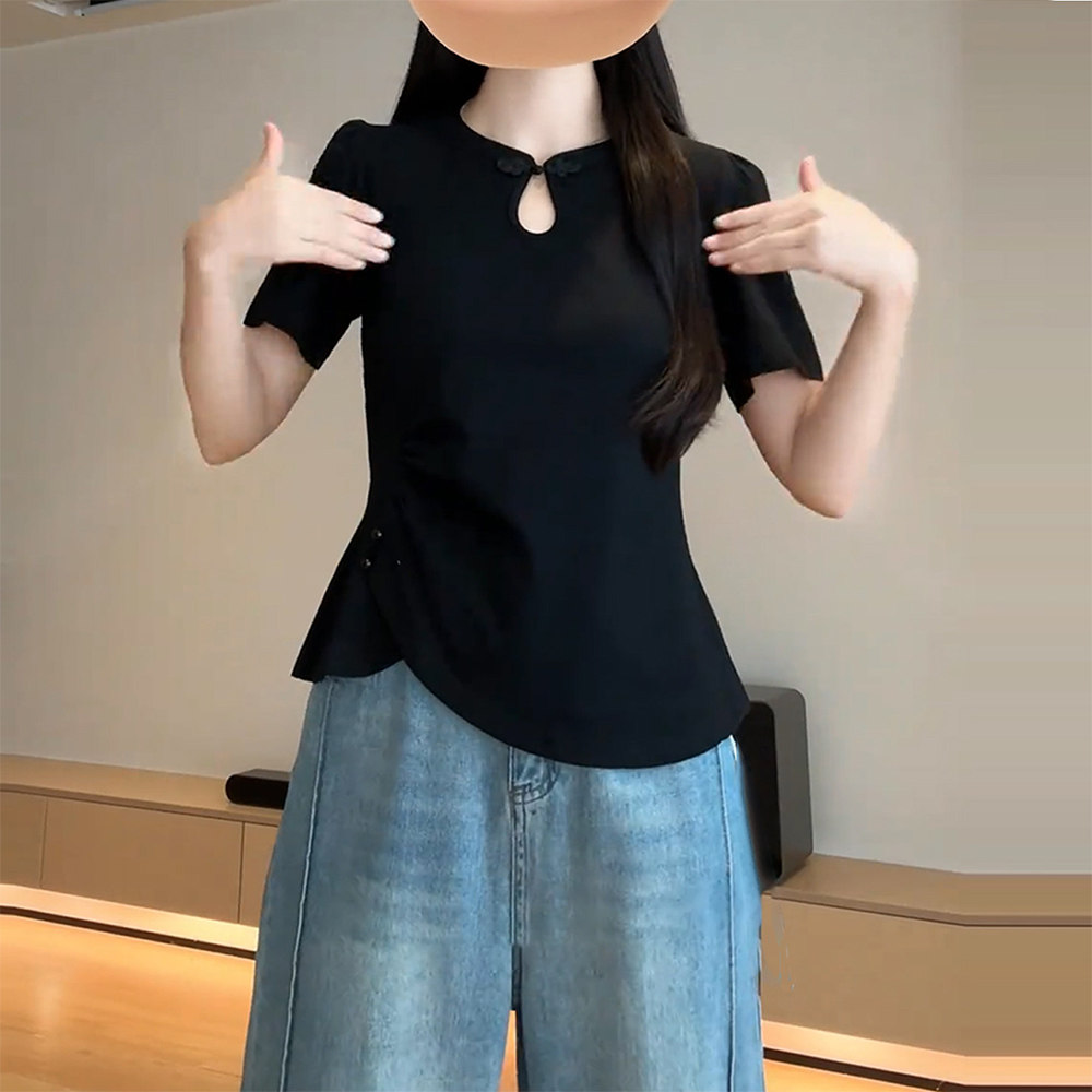 夏季极简新中式黑色短袖女立领盘扣镂空设计收腰显瘦国风百搭上衣,女装/女士精品,上衣,淘宝优惠券,粉丝福利购,淘宝优惠卷