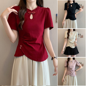 新中式国风盘扣正肩短袖t恤女夏大码胖mm显瘦遮肉不规则短款上衣