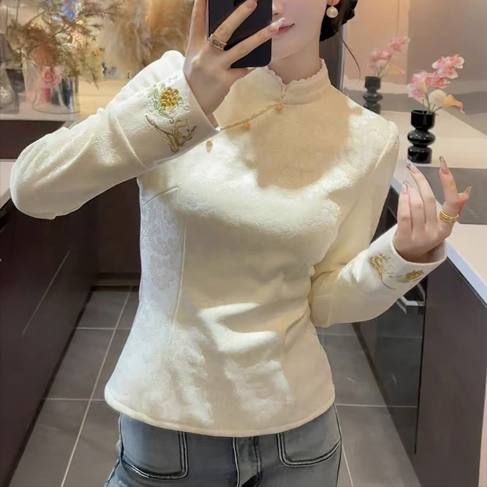 新中式国风提花刺绣立领长袖上衣秋冬新款修身内搭加绒加厚打底衫,女装/女士精品,上衣,淘宝优惠券,粉丝福利购,淘宝优惠卷