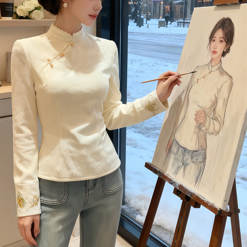 福蝶新中式立领斜襟重工提花加绒加厚上衣国风袖口刺绣长袖小衫女