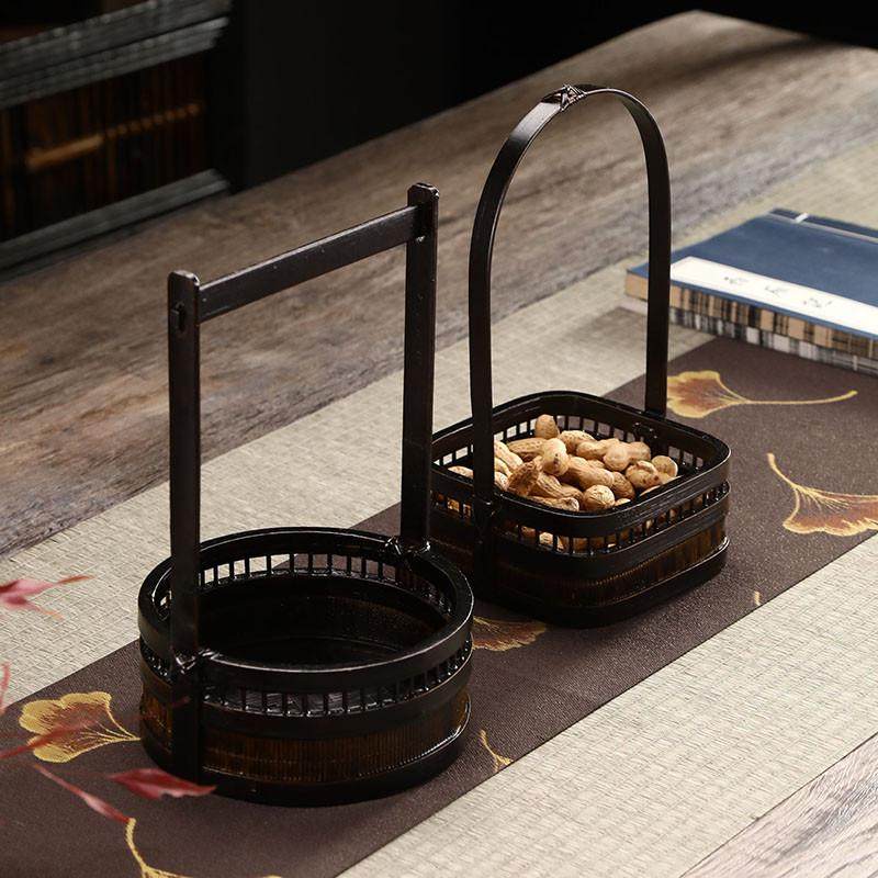 大漆竹编手提篮复古双层圆形食盒茶具收纳筐水果篮果盘中式竹篮子,特色手工艺,竹编/竹雕,淘宝优惠券,粉丝福利购,淘宝优惠卷
