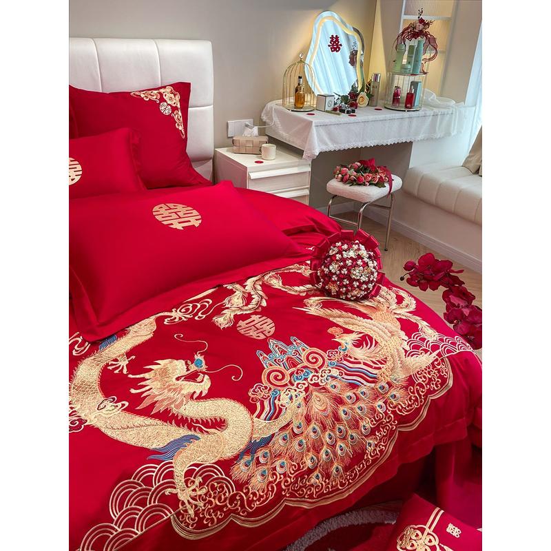 热销罗兰床单被套结婚四件套新中式刺绣婚房大红色喜被床上六件套
