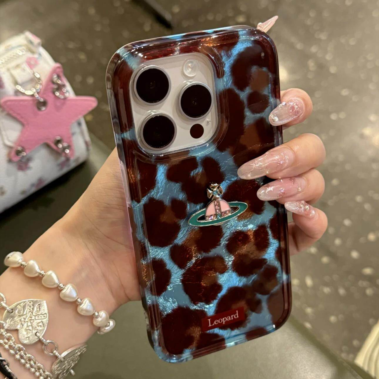 日韩撞色豹纹星球适用iPhone15/14promax手机壳苹果13新款16/12女