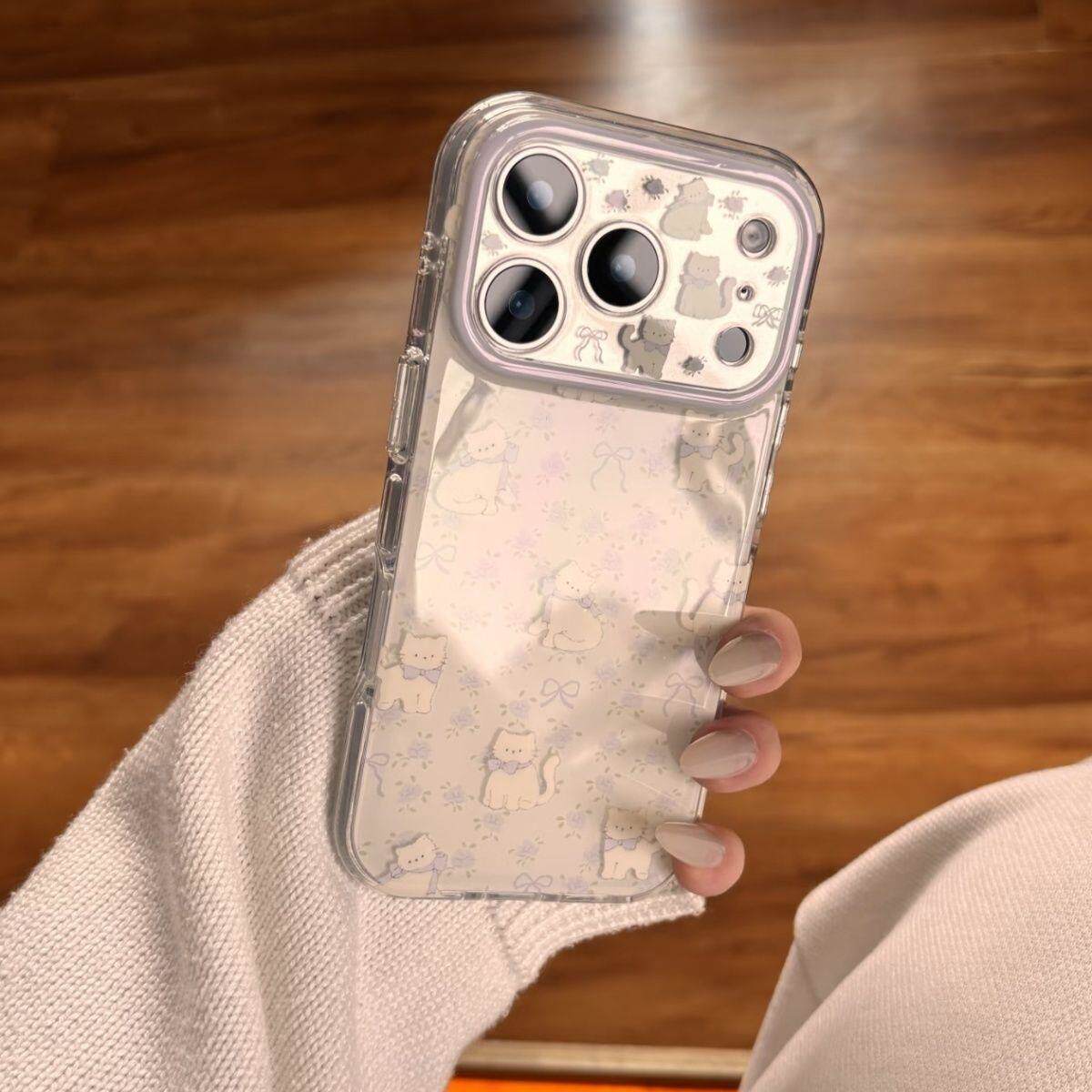 紫色碎花蝴蝶结猫咪适用于苹果手机壳iphone17proiphone16