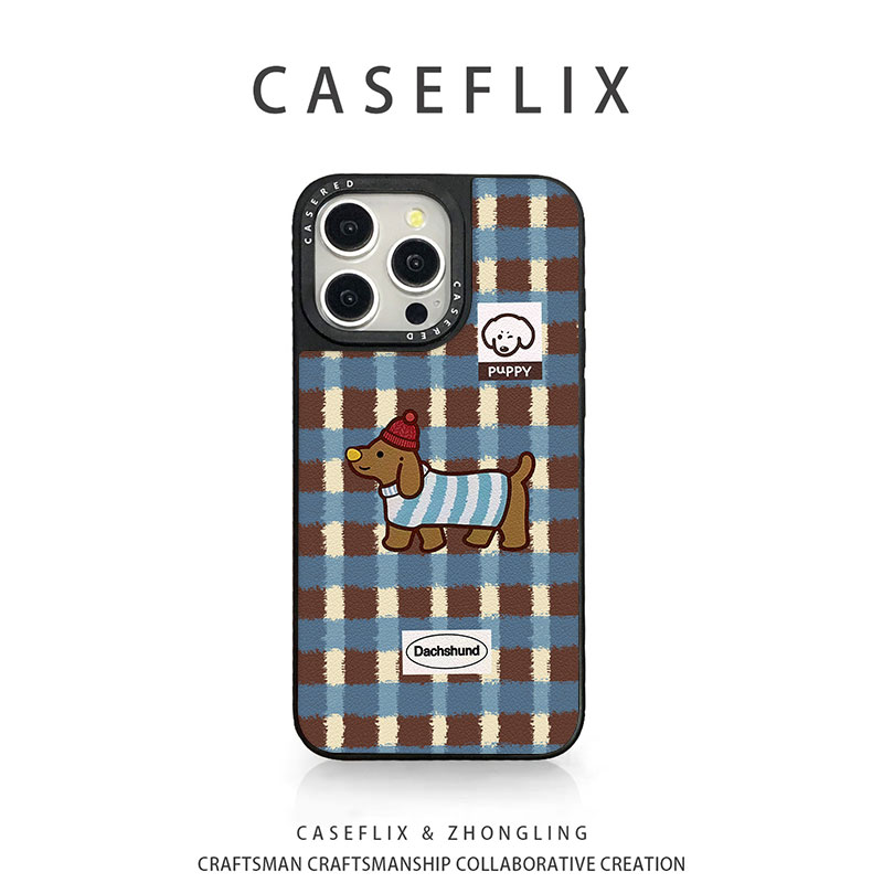 苹果17卡通格子腊肠狗手机壳