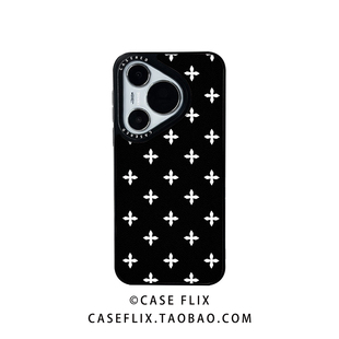 CASE潮牌黑底十字花适用于华为pura80手机壳新款 50防摔nova14 60pro 12110黑框 p70ultra羊皮保护套mate70