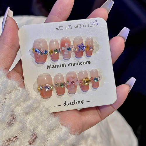 虹糖|一秒甜心辣妹系列冰透裸色手工美甲碎钻少女花朵穿戴甲