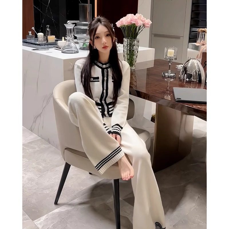 欧洲站秋冬季小香风搭配一整套小个子名媛时尚针织阔腿裤两件套装