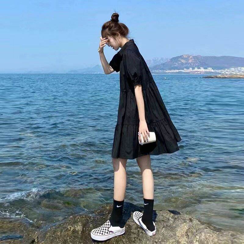 欧洲站2026夏季新款复古赫本风小个子森系宽松黑色衬衫连衣裙子女