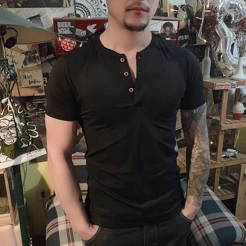 皮尔卡丹美式亨利领纯棉短袖t恤男士夏季新款修身纯色休闲上衣服