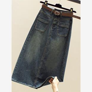 高腰开叉牛仔半身裙女2025秋冬款小个子显瘦a字复古包臀中长裙秋