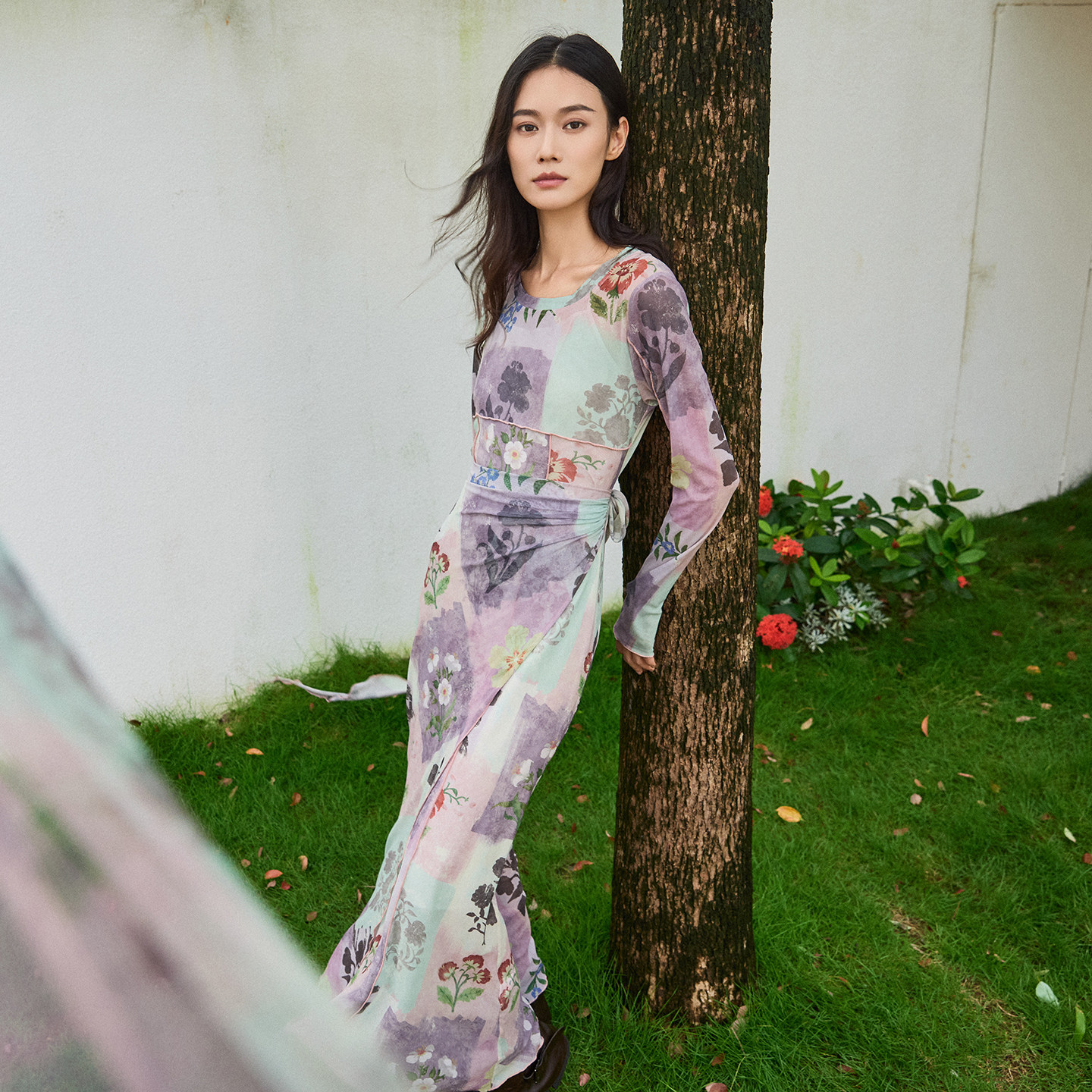 SEJIE色孑 花坞谣花卉印花网纱圆领修身长袖连衣裙设计度假风裙子