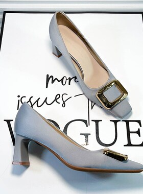 法式小众气质晚礼服蓝色浅口方头粗跟单鞋女2L024年新款伴娘高跟