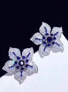 高级珠宝定制花朵耳钉女立体花瓣红色绿色耳钉 微镶满钻夸张耳饰