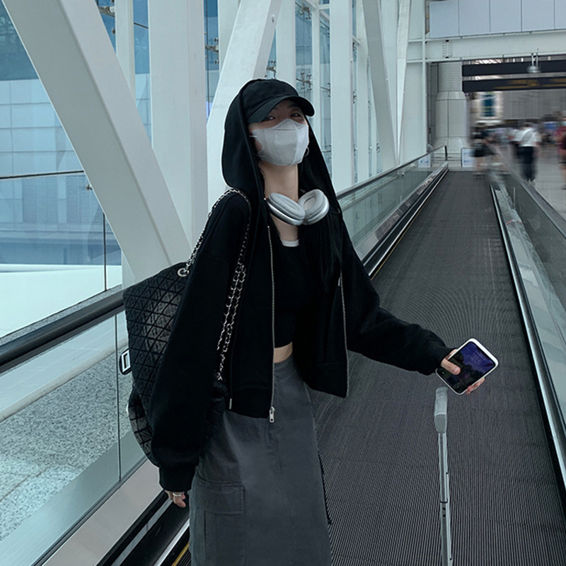 黑色短款连帽f卫衣外套2023新款女秋冬小个子宽松休闲长袖高腰上