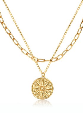 时尚复古风小众高级感叠戴款项链太阳I设计感吊坠铜镀真金女饰品