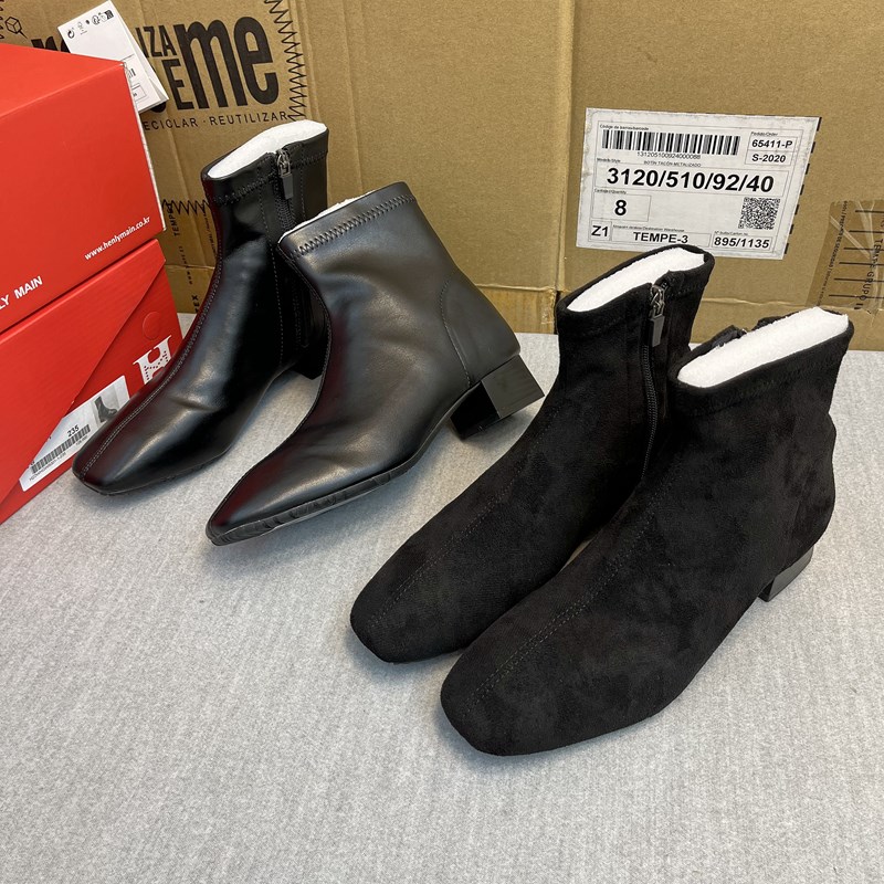 韩国源单~售价12.8W韩元~弹力瘦瘦靴I粗跟方头简约秋冬加绒短靴女