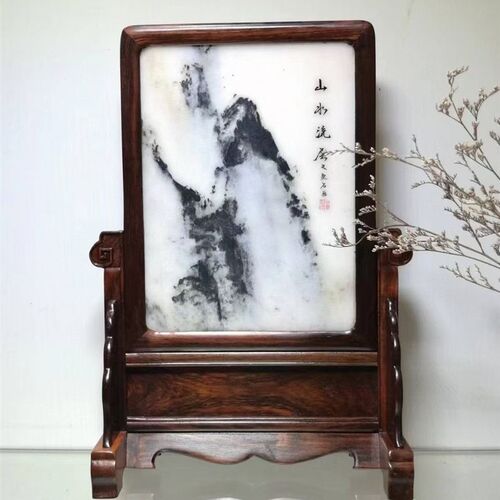 老红木大c红酸枝交趾黄檀边框 榫卯镶嵌云石大理石 竖式插屏台屏